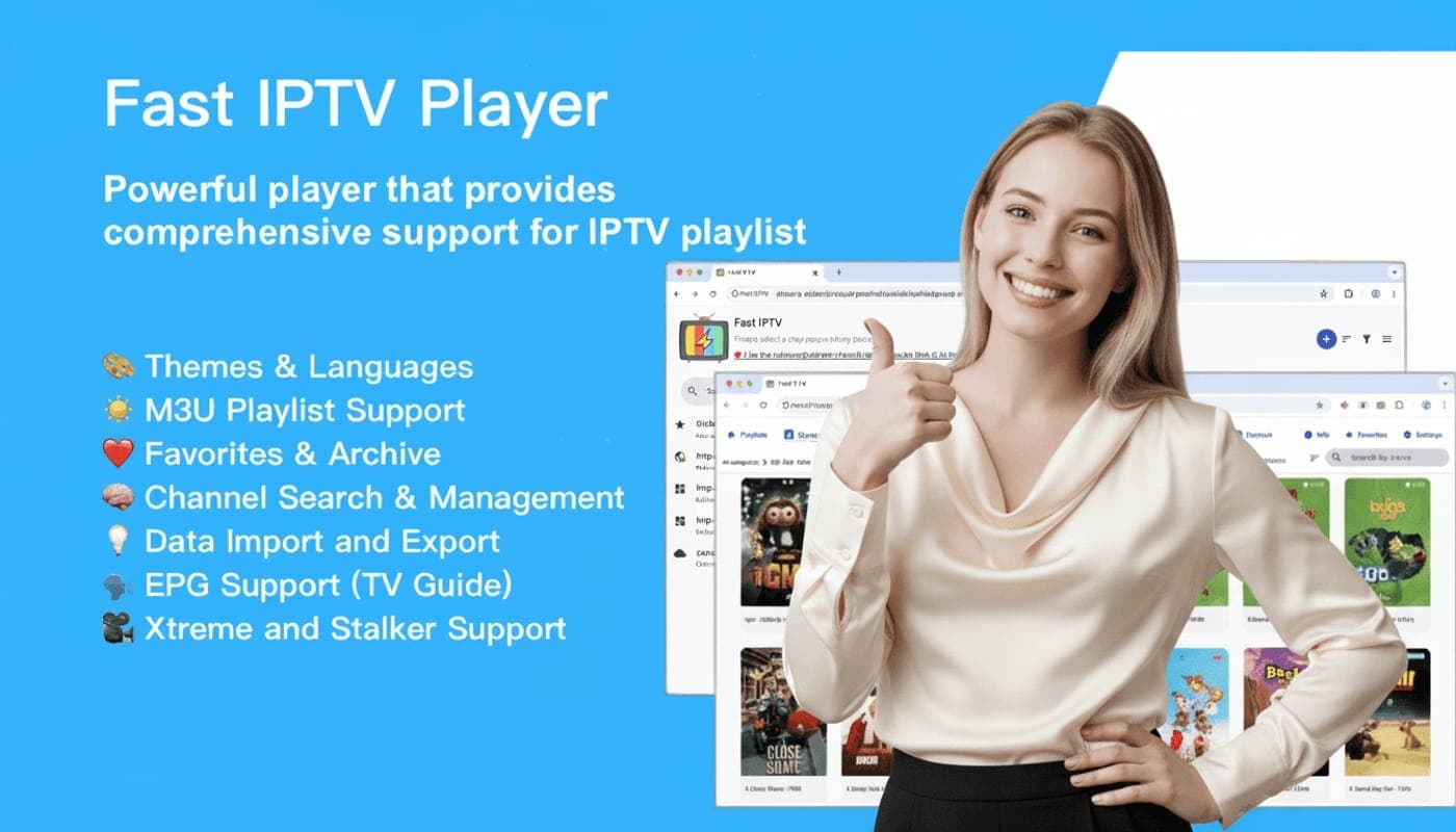 Fast IPTV Player application interface showing playlist management, HLS streaming, DASH MPD support, EPG guide, and advanced video playback features