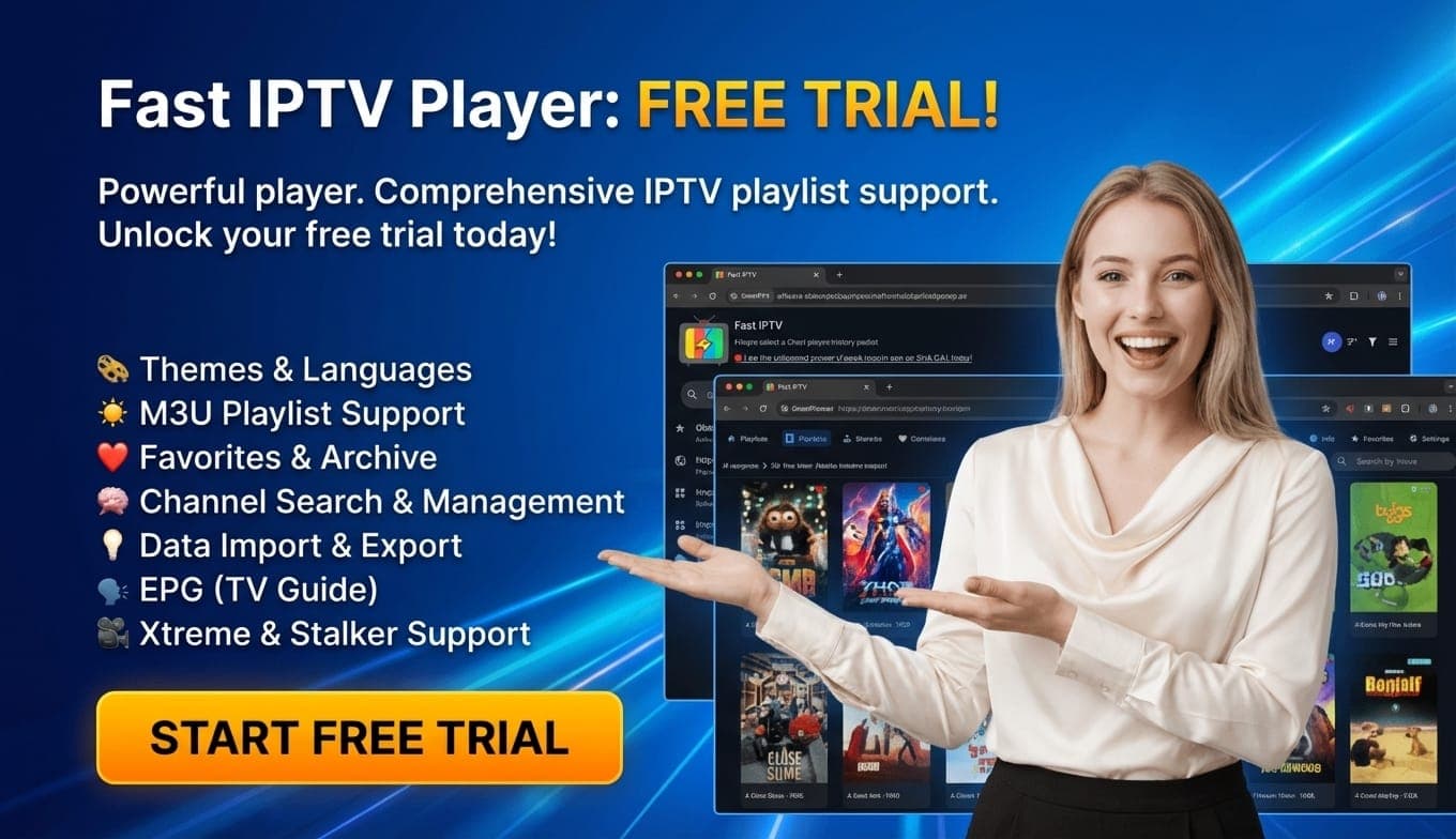Fast IPTV Player application interface showing playlist management, HLS streaming, DASH MPD support, EPG guide, and advanced video playback features
