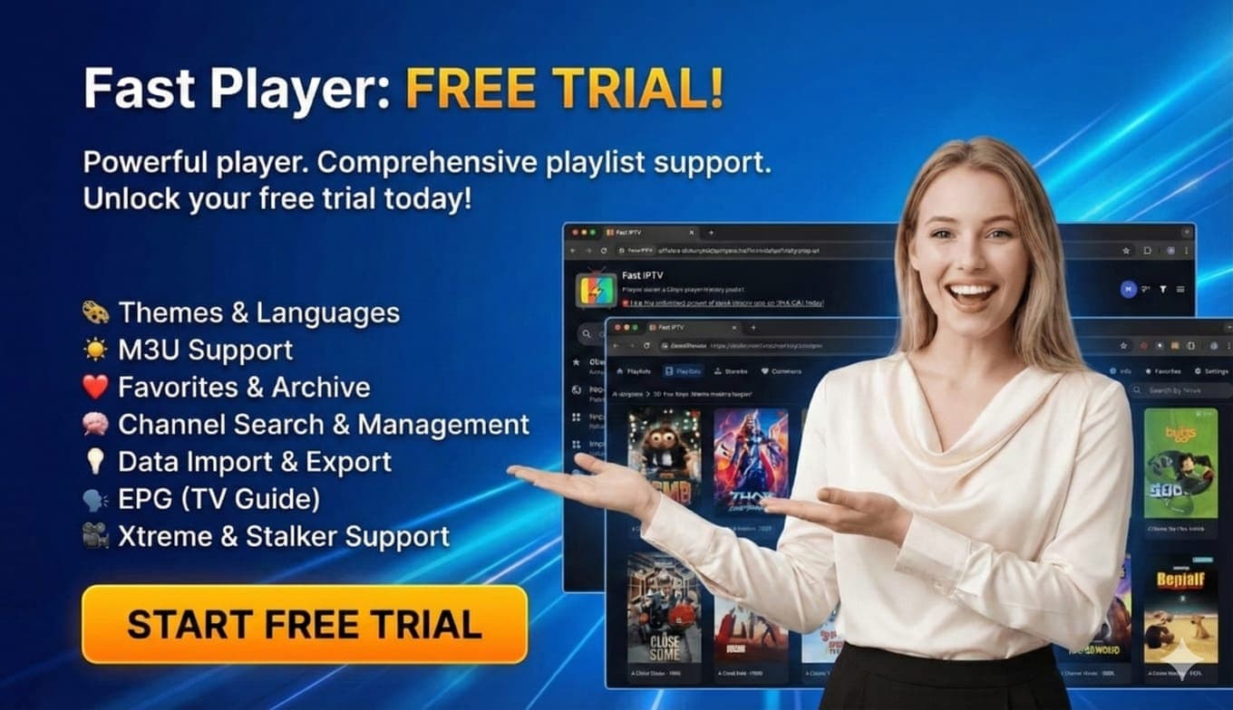 Fast Player application interface showing playlist management, HLS streaming, DASH MPD support, EPG guide, and advanced video playback features
