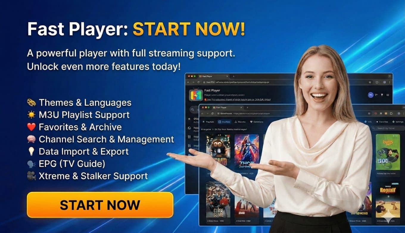 Fast Player application interface showing playlist management, HLS streaming, DASH MPD support, EPG guide, and advanced video playback features